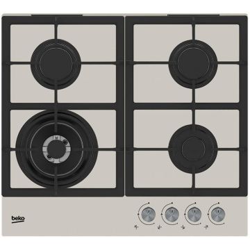 Beko Plita cu gaz incorporabila Beko HILW64225SBG, 4 arzatoare, suprafata sticla, panou butoane frontal, High-Efficiency™ Gas Burner