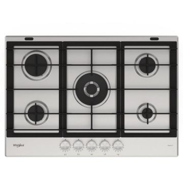 Whirlpool Plita incorporabila Whirlpool GMWL 728/IXL, gaz, 73 cm, 4 arzatoare pe gaz + 1 arzator special WOK, aprindere automata prin scanteie, Inox