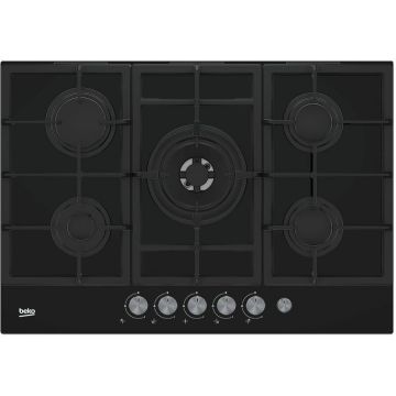 Beko Plita incorporabila Beko HILW75235S, Gaz, 5 arzatoare, FlameAdjust, Arzator wok, Gratare fonta, 75 cm, Negru