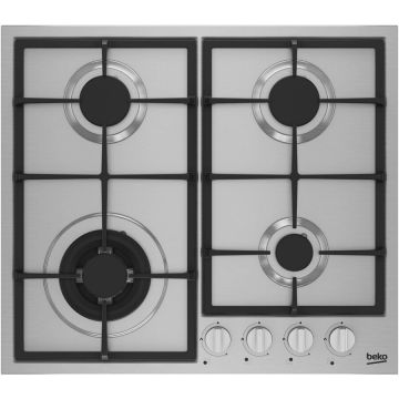 Beko Plita incorporabila Beko HIYG64225SBO, Gaz, 4 arzatoare, Siguranta plita, Aprindere integrata, Gratare fonta, 60 cm, Inox