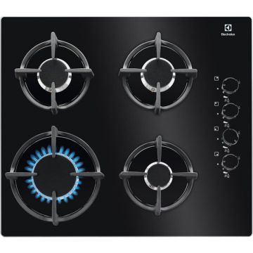 Electrolux Plita incorporabila Electrolux KGG6407K, Gaz, 4 arzatoare, Aprindere electrica, Dispozitiv de siguranta, Gratare fonta, 60 cm, Sticla neagra