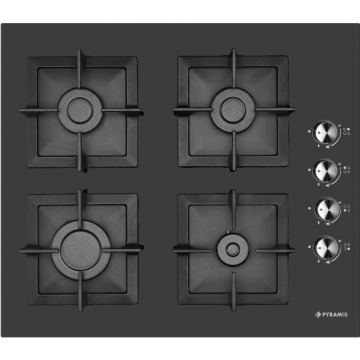 Plita Gaz 2225 Black Glass Cast Iron Protection 4 Arzatoare  Gratare Individuale  Fonta Butoane Laterale Finisaj Sticla  Negru