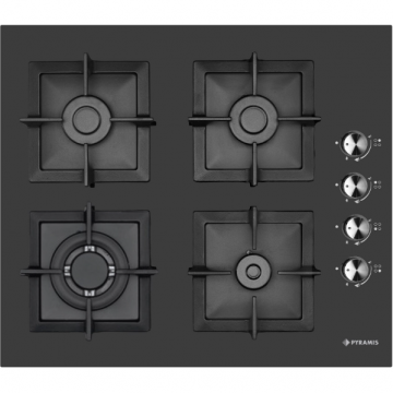 Plita Gaz 2226 Wok Black Glass Cast Iron Protection  4 Arzatoare Gratare Individuale  Fonta Butoane Laterale  Finisaj Sticla Negru