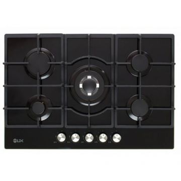 Plita incorporabila LDK Marbella WOK JZ5BK75, Gaz, 5 arzatoare, WOK, Aprindere electrica, Gratare fonta, Siguranta, 75 cm (Negru)